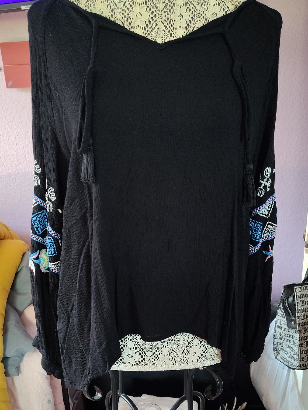 Harper Black Long Sleeve with Blue and White Embroidered Sleeves